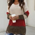 Color Block V-neck Distressed Sweater