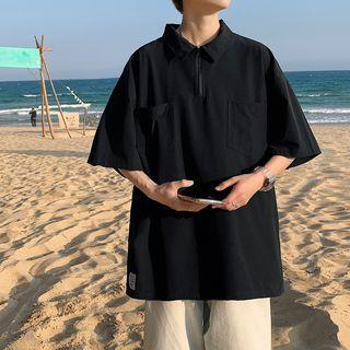 Elbow-sleeve Zip Polo Shirt Houndstooth - Black - 5xl