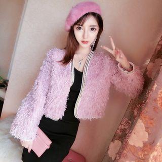 Furry Jacket / Spaghetti Strap Mini Sheath Dress