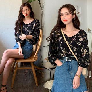 Balloon-sleeve Floral Print Blouse Black - One Size