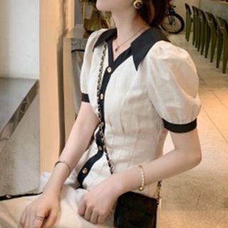 Puff-sleeve Contrast Trim Buttoned Blouse