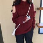 Turtleneck Cold-shoulder Sweater Wine Red - One Size