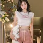 Cap-sleeve Letter Embroidered T-shirt / High Waist Shorts
