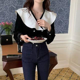 Contrast Collar Double-breasted Blouse Black - One Size