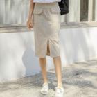 Flap-pocket Slit-front Midi Skirt
