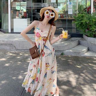 Bird Print Spaghetti Strap Midi Dress
