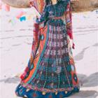 Ethnic Patterned Gather-waist Maxi Dress