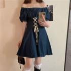 Short-sleeve Lace Up Denim Mini A-line Dress