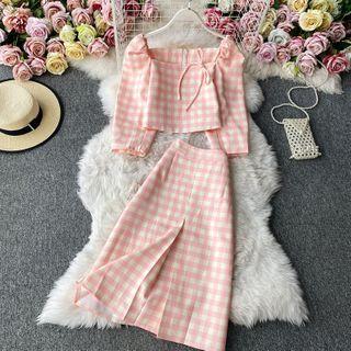 Set: Gingham Square-neck Elbow-sleeve Shirt+high-waist A-line Skirt