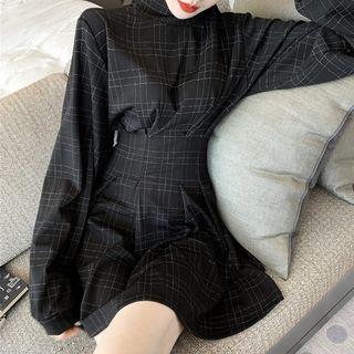 Mock-turtleneck Plaid Long-sleeve A-line Mini Dress
