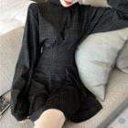 Mock-turtleneck Plaid Long-sleeve A-line Mini Dress