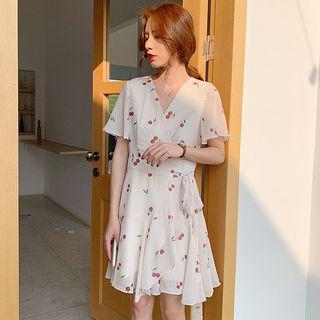 Short-sleeve Cherry Printed A-line Chiffon Dress