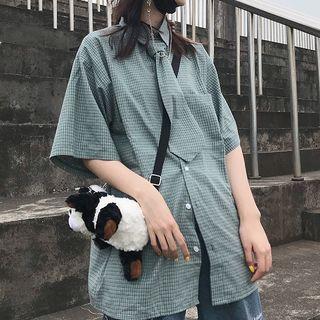 Neck Tie Plaid Elbow-sleeve Shirt