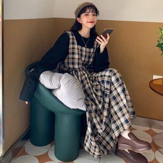 Sleeveless Plaid Midi Dress Dark Blue - One Size