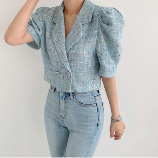 Puff-sleeve Double Breasted Tweed Blazer
