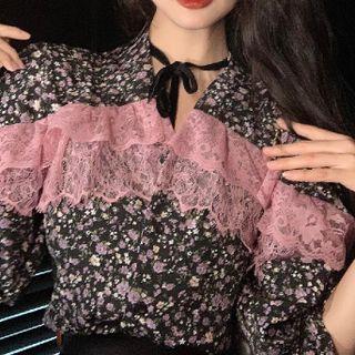 Lace Trim Floral Blouse Floral - Black - One Size