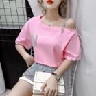 Cold-shoulder Rhinestone Buckled T-shirt