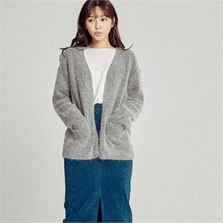 Wool Blend Furry-knit Cardigan With Sash