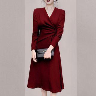 Long-sleeve Twist Midi A-line Dress