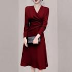 Long-sleeve Twist Midi A-line Dress
