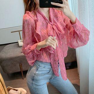Puff-sleeve Tie-neck Lettering Blouse