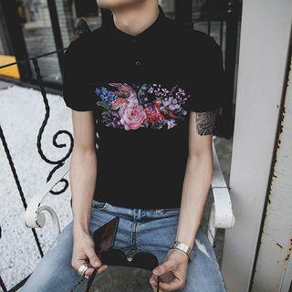 Floral Print Panel Short-sleeve Polo Shirt