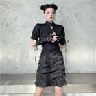 Puff-sleeve Stand Collar Draped Mini Dress