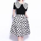 Set: Short-sleeve Lace Collar Knit Top + Dotted A-line Skirt