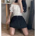 Puff-sleeve Square-neck Ruffle Trim Cropped Top / Striped A-line Mini Skirt
