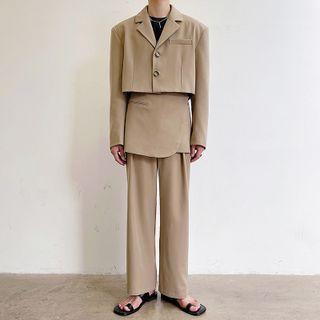 Long-sleeve Plain Cropped Blazer Khaki Pants - L