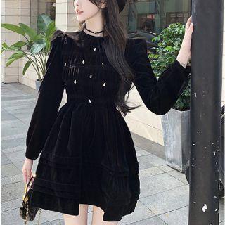 Rhinestone Puff-sleeve Velvet Mini Dress