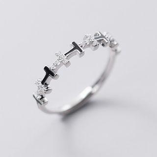 S925 Sterling Silver Rhinestone Alphabet Open Ring Silver - Adjustable