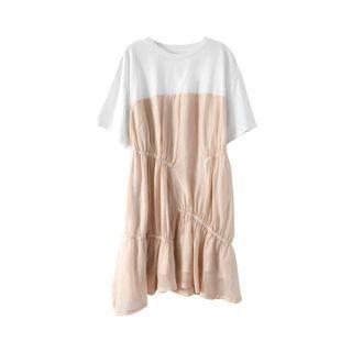 Short-sleeve Two-tone Smock Dress