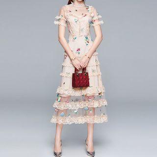 Lace Trim Embroidered Mesh Midi A-line Dress