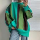 Color-block Long-sleeve Sweater Green - One Size