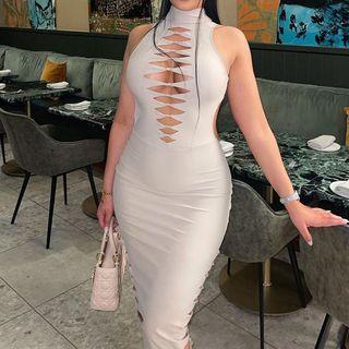 Mock-neck Sleeveless Cutout Open-back Sheath Midi Dress