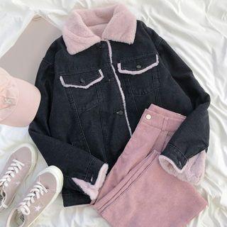 Fleece Panel Denim Jacket Dark Denim Blue & Pink - One Size
