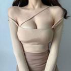 Long-sleeve Square Neck Knit T-shirt Almond - One Size