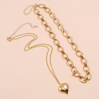 Set: Alloy Heart Pendant / Chunky Necklace Set - Gold - One Size