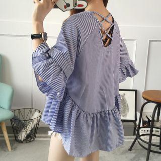 Ruffle Trim Elbow Sleeve Cross Strap Back Top