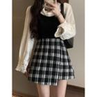 Lace Trim Blouse / Tank Top / Plaid Mini A-line Skirt