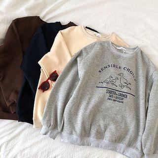 Print Crewneck Long-sleeve Fleece Sweater