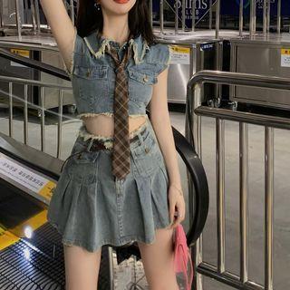 Denim Cropped Vest / Mini A-line Skirt / Plaid Necktie / Set