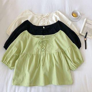 Plain Lace-up Puff-sleeve Blouse