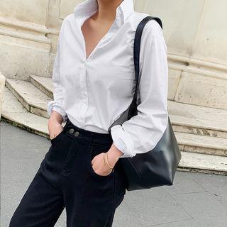 Wide-cuff Plain Cotton Shirt White - One Size