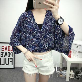 Patterned V-neck 3/4-sleeve Chiffon Top