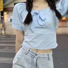 Short-sleeve Bow Accent Cropped Blouse