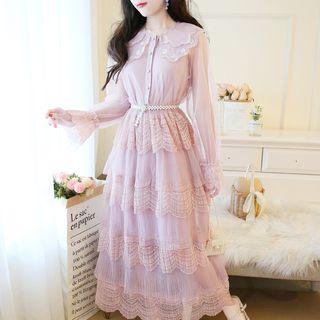 Lace Trim Long-sleeve Layered Midi Chiffon Dress