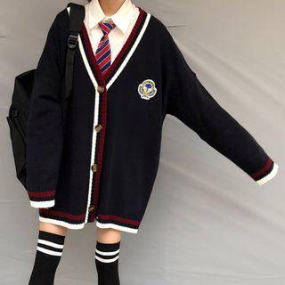 Embroidered Cardigan / Plain Shirt With Tie
