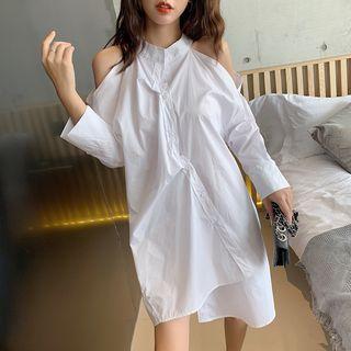 Asymmetric Cutout Sleeve Halter Plain Shirt Dress